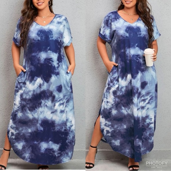 Dresses Plus Size Oversized Loose Fit Tie Dye Ombre Cure Hem Pocket